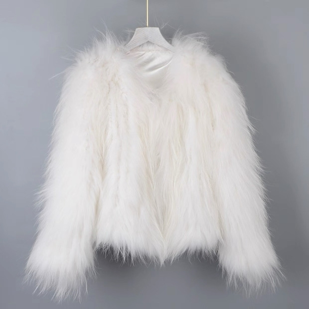 New White 100% Genuine Raccoon Fur  Jacket Size M